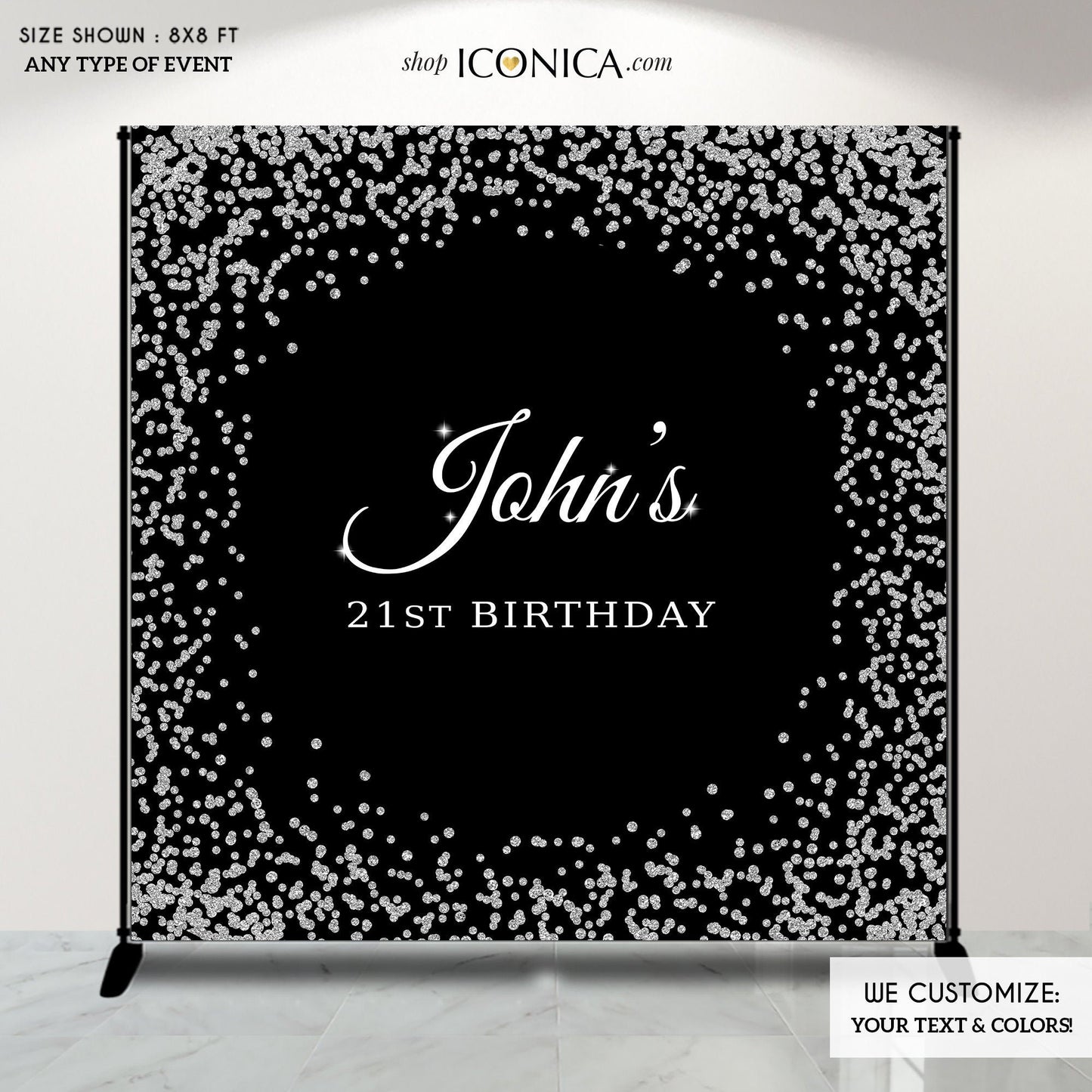 21st Birthday Photo Booth Backdrop, Black and Silver Party Backdrop, Dessert Table Banner, Printed, Free Shipping BBD0113