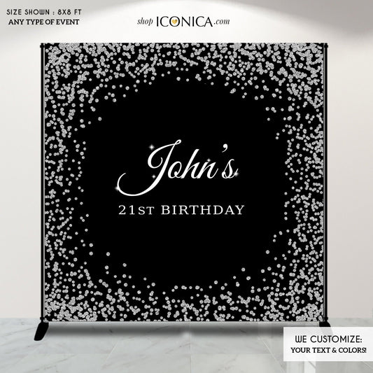 21st Birthday Photo Booth Backdrop, Black and Silver Party Backdrop, Dessert Table Banner, Printed, Free Shipping BBD0113