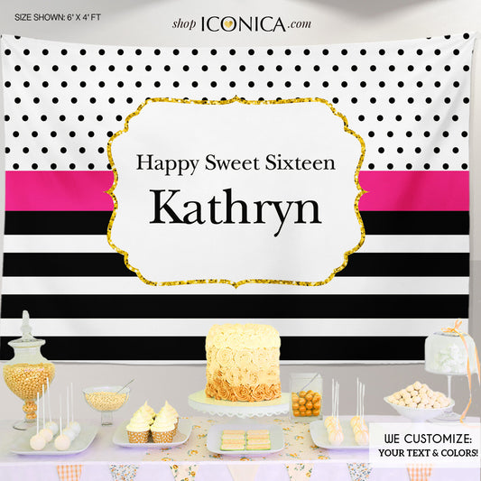 Sweet Sixteen Birthday Backdrop, Sweet Sixteen Backdrop Modern Black White Stripes Gold Glitter Printed
