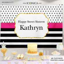 Load image into Gallery viewer, Sweet Sixteen Birthday Backdrop, Sweet Sixteen Backdrop Modern Black White Stripes Gold Glitter Printed
