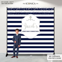 Load image into Gallery viewer, First Communion Photo Booth Backdrop,Blue and Gold Striped Backdrop,Step And Repeat,Printed ,Free Shipping BFC0015
