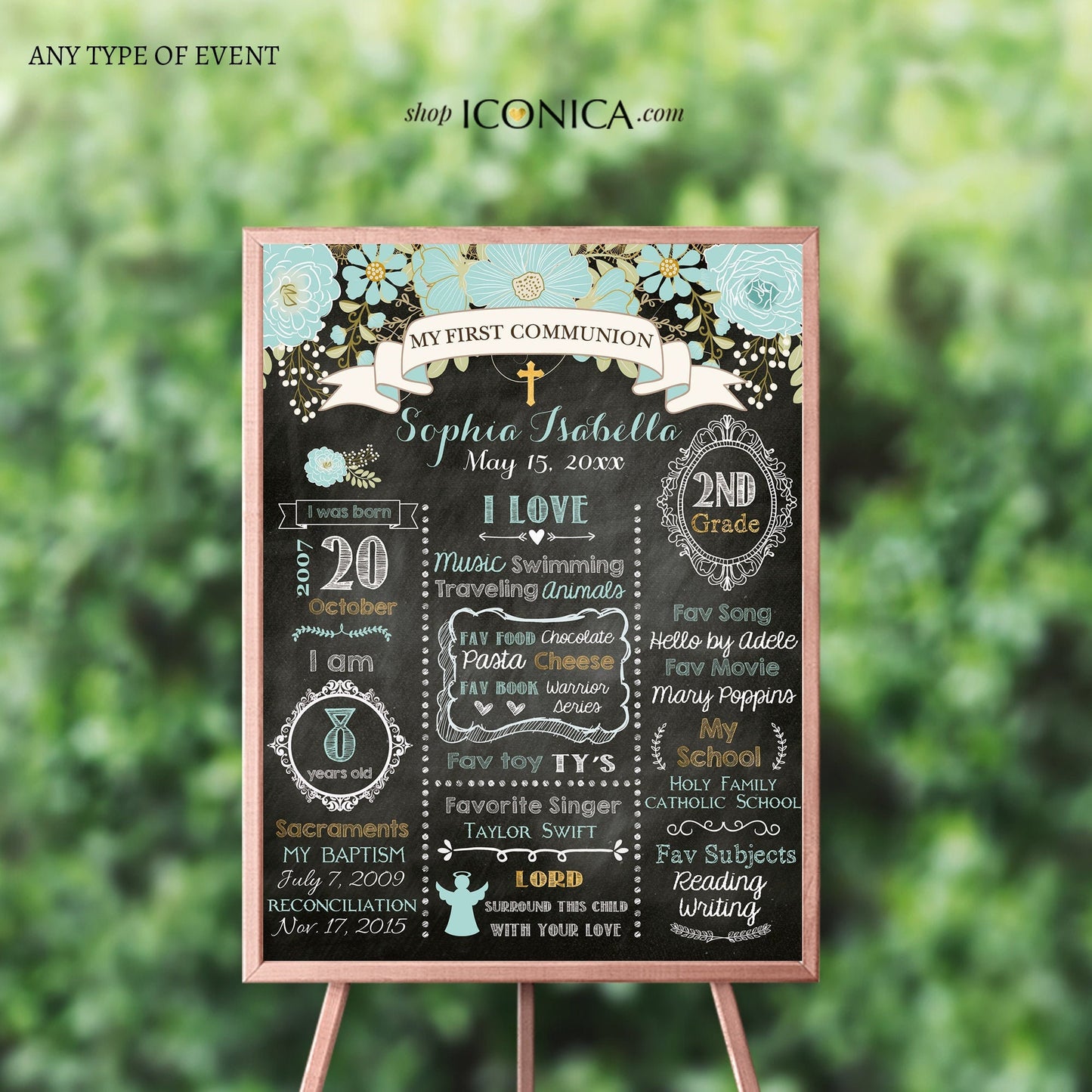 First Communion Chalkboard Sign Floral, Baptism Milestone Poster, Any Event Or text, Digital Or Printed Cfc0001