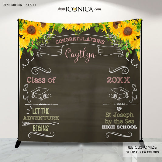 Graduation Party Photo Booth Backdrop, Virtual Graduation, Sunflowers Floral Step and Repeat, Congrats Grad Banner, Printed BGR0021