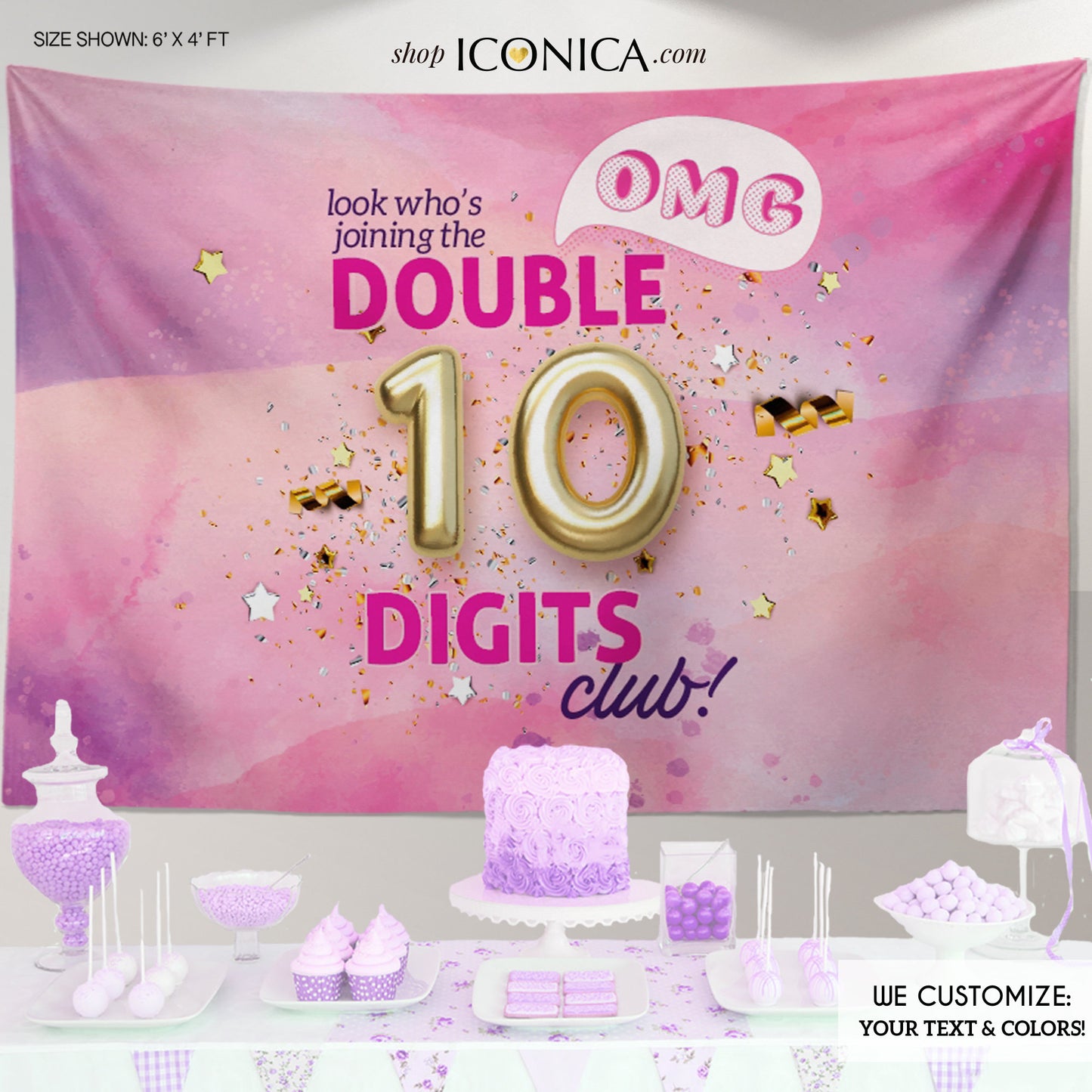 Double Digits Backdrop Tie Dye 10th Birthday Banner Personalized 10 Party Backdrop Double Digits Club Decorations,Any text, Printed backdrop
