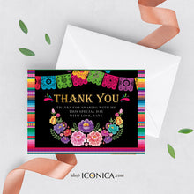 Load image into Gallery viewer, Floral Thank You Cards, Fiesta Theme Cards, Let&#39;s Fiesta /set Of 10/ A2 Folded / White Envelopes Included / Non Personalized - Printed Cards
