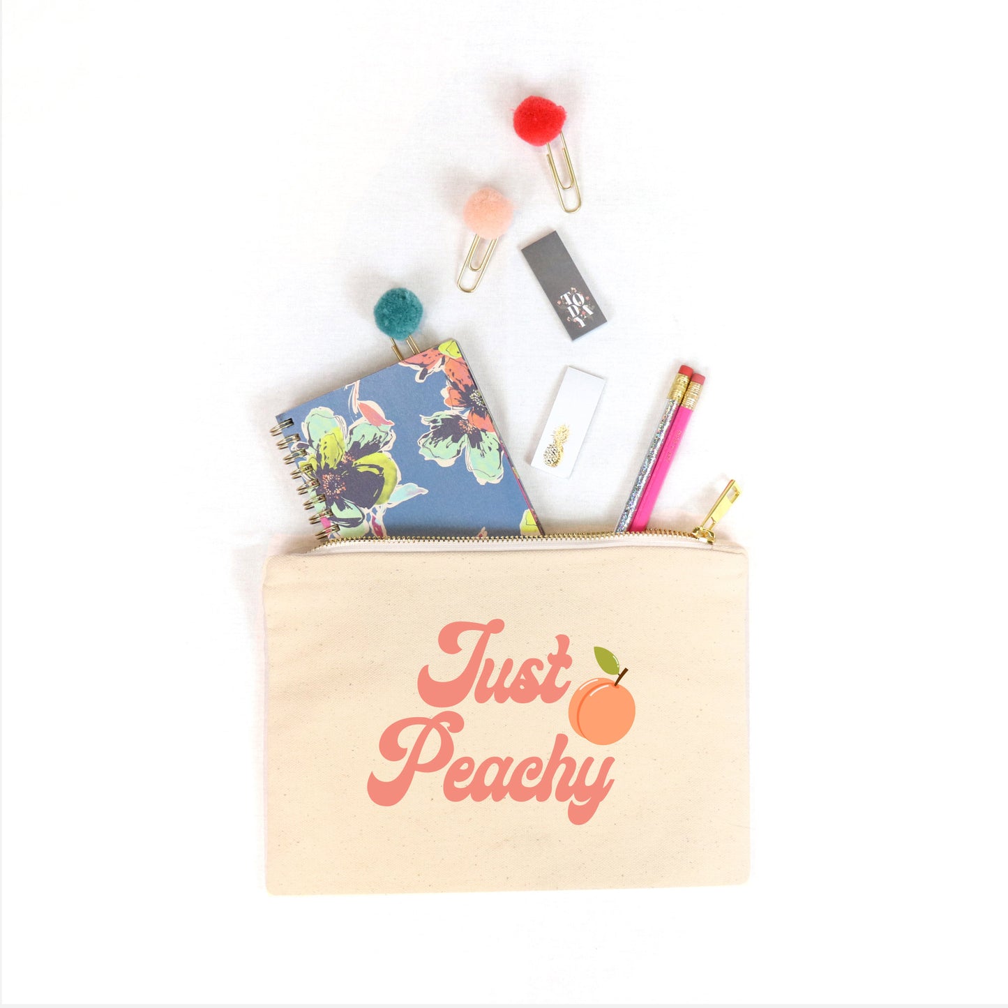 Just Peachy Pencil Case Canvas, Just Peachy Cosmetic Bag,Retro Font Fruits Makeup Bag,CUSTOM Text available Best Friend Gift Bridesmaid Gift