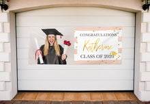 Load image into Gallery viewer, Graduation Backdrop Personalized Vinyl Banner Blush Pink Stripes,Virtual Graduation any school colors or text,Class of 2023 Decor BGR0031
