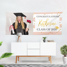 Load image into Gallery viewer, Graduation Backdrop Personalized Vinyl Banner Blush Pink Stripes,Virtual Graduation any school colors or text,Class of 2023 Decor BGR0031
