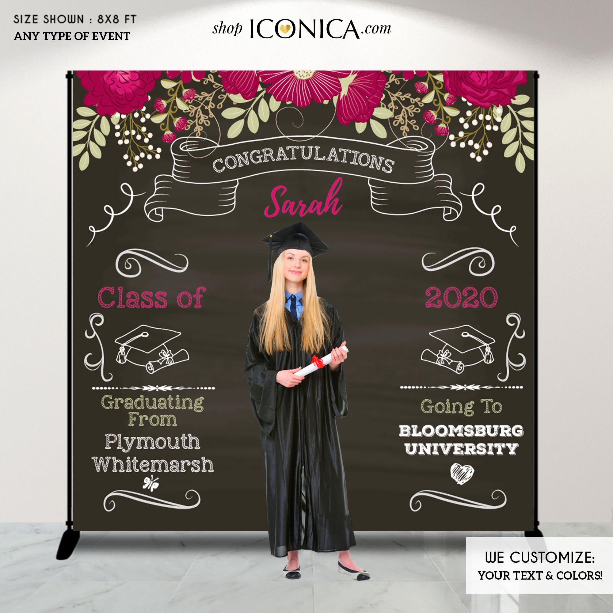 Graduation Photo Backdrop, Burgundy Floral, Personalized – Iconica Design