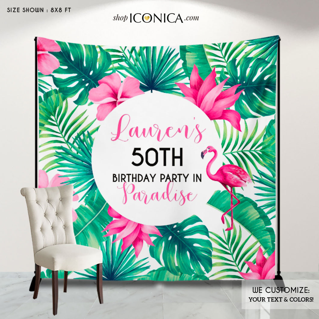 Tropical Backdrop Summer Birthday Photo Backdrop Personalized Flamingo Banner Luau 50th Birthday Backdrop Any age or occasion