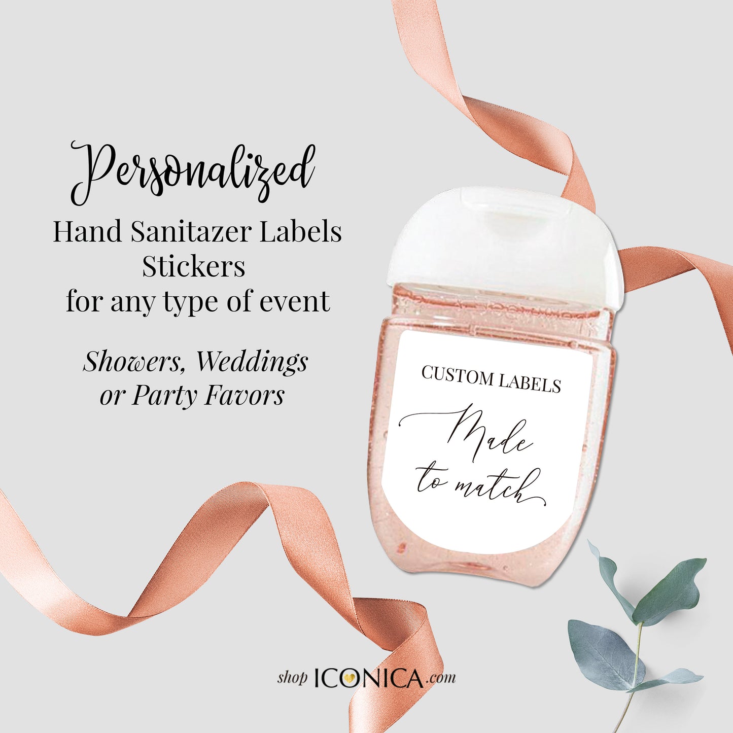 30 Personalized Labels Printed, Hand Sanitizer Labels, Antibacterial Labels Pink Peonies Flowers Favors Stickers