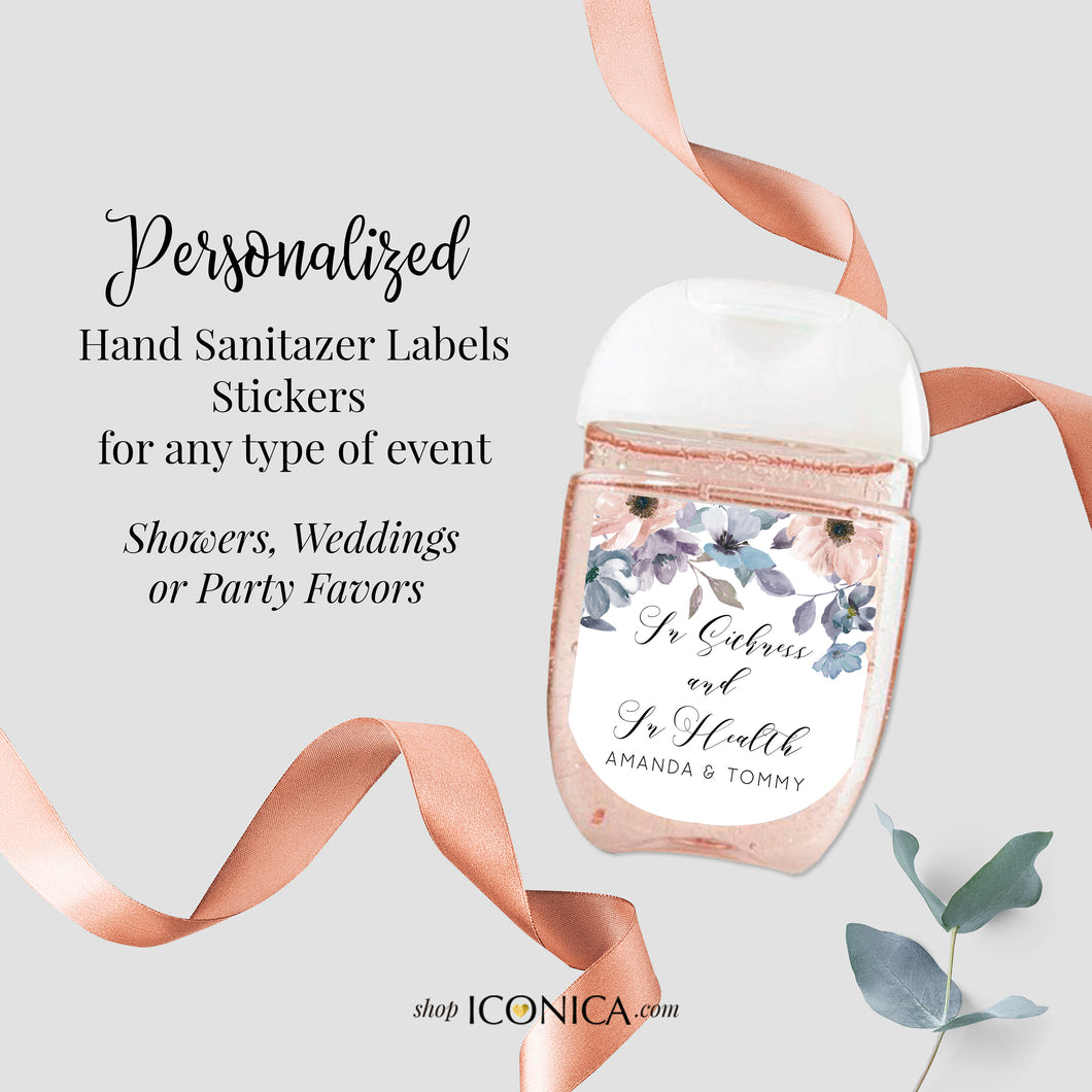 30 Personalized Labels Printed, Hand Sanitizer Labels, Antibacterial Labels Dusty Blue and Blush Pink Flowers Favors Stickers {Chloe Design}