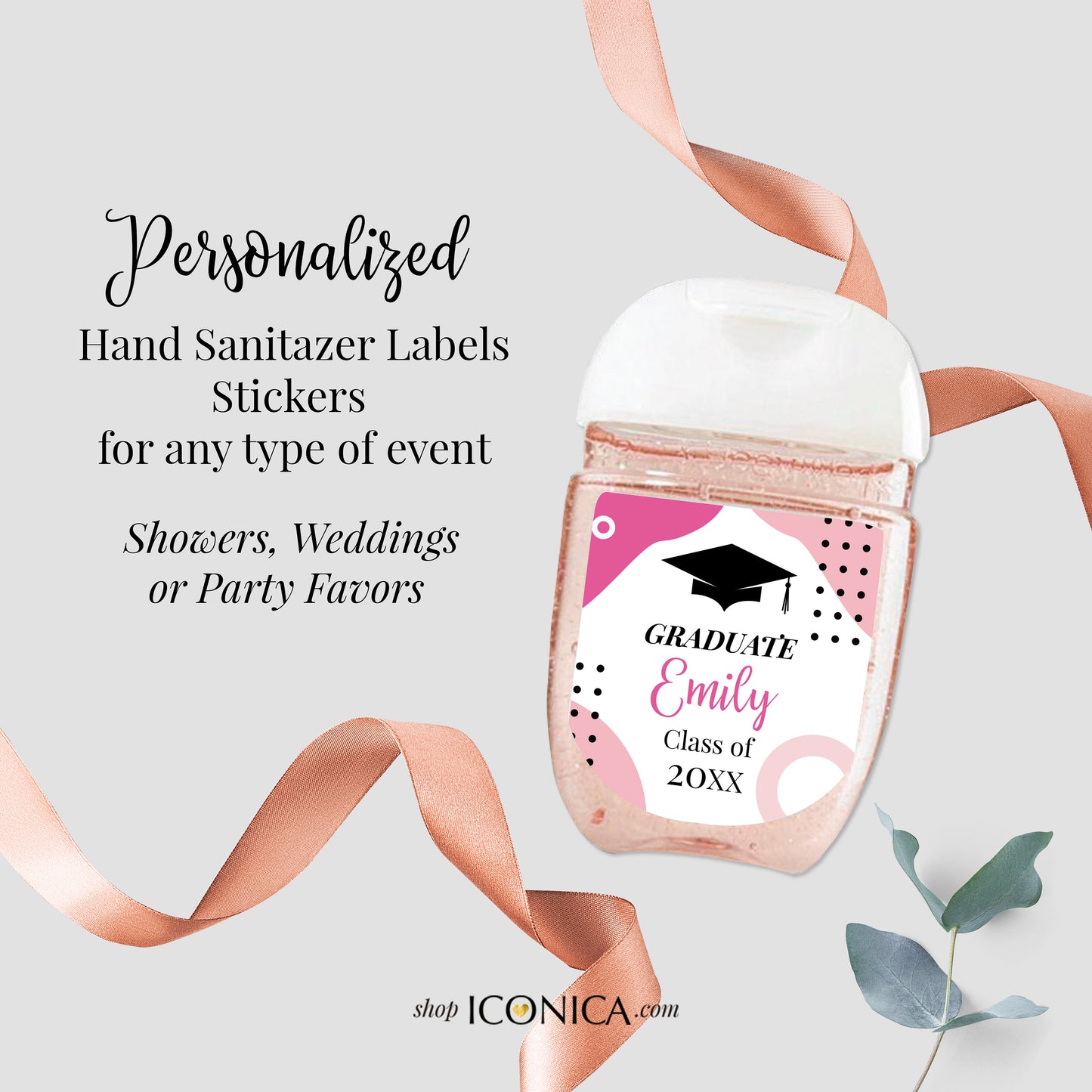 30 Personalized Labels Printed, Hand Sanitizer Labels, Antibacterial Labels Graduation Favors Stickers Pink Bold Design Class of 2023