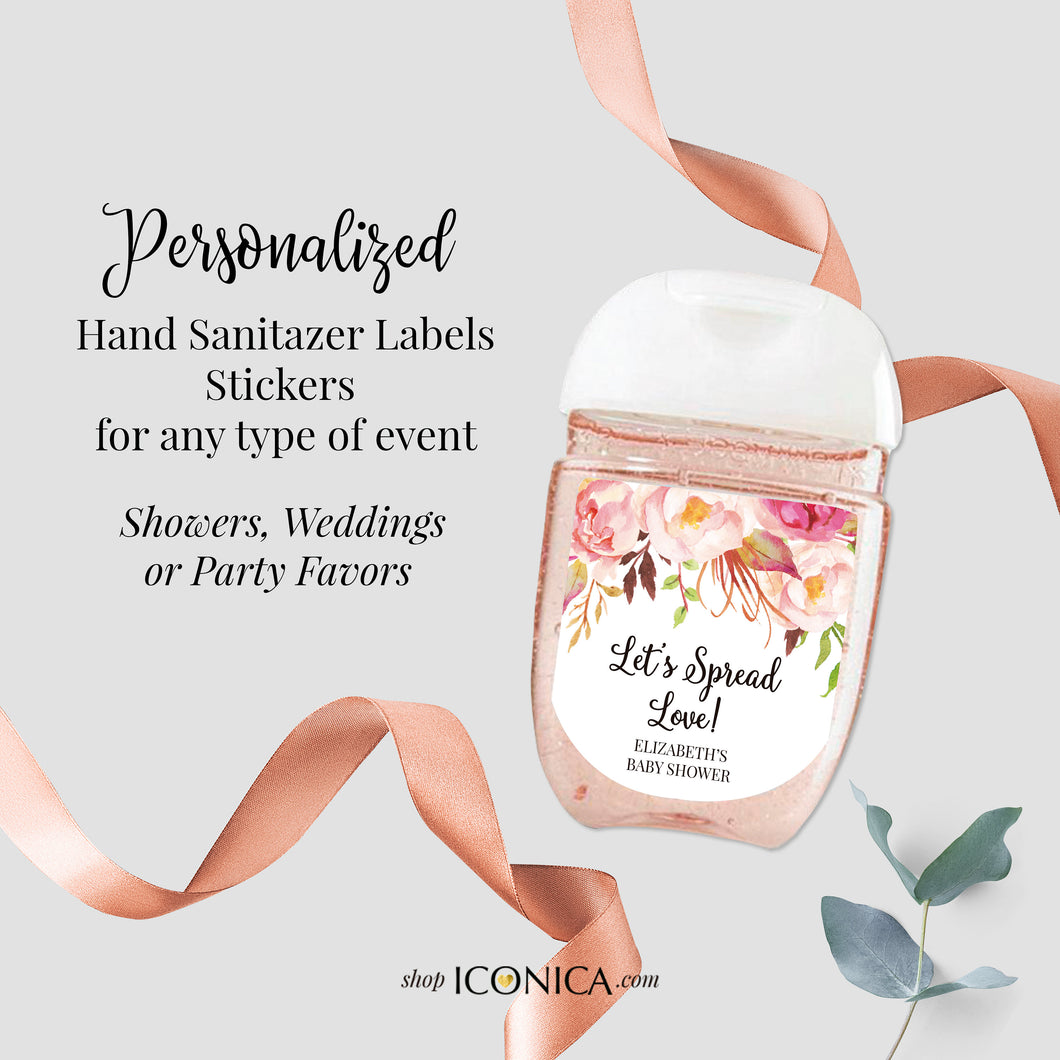 30 Personalized Labels Printed, Hand Sanitizer Labels, Antibacterial Labels Pink Peonies Flowers Favors Stickers