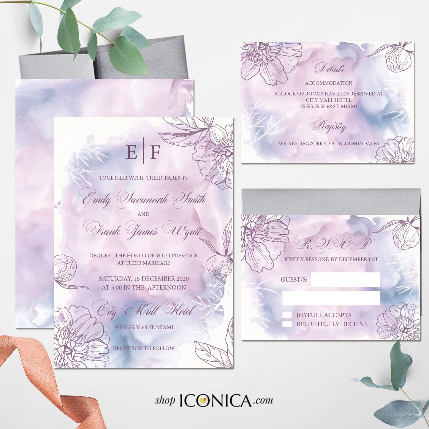 Lilac Wedding Invitation Purple Watercolor Floral Invitation Lilac Shower Invitations Printed Cards or Electronic Invite-Adoria Collection