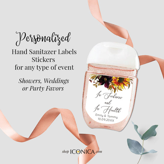 30 Personalized Labels Printed, Hand Sanitizer Labels, Antibacterial Labels SunFlowers and Burgundy Red Flowers Favors Stickers