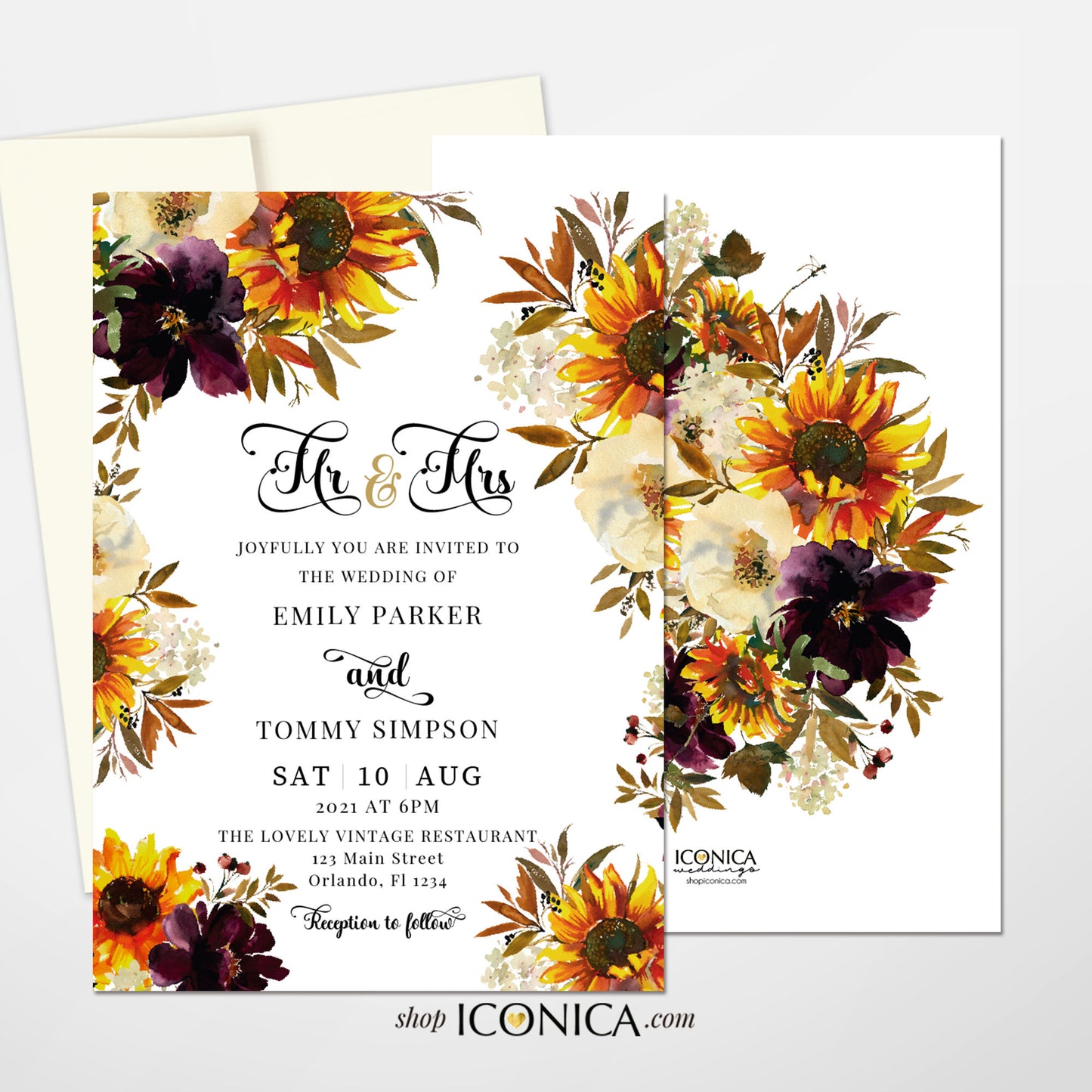 Sunflowers Wedding Invitation Fall Floral Invitation Sunflower and Red Burgundy Floral Invitations Printed Cards or Dakota Collection