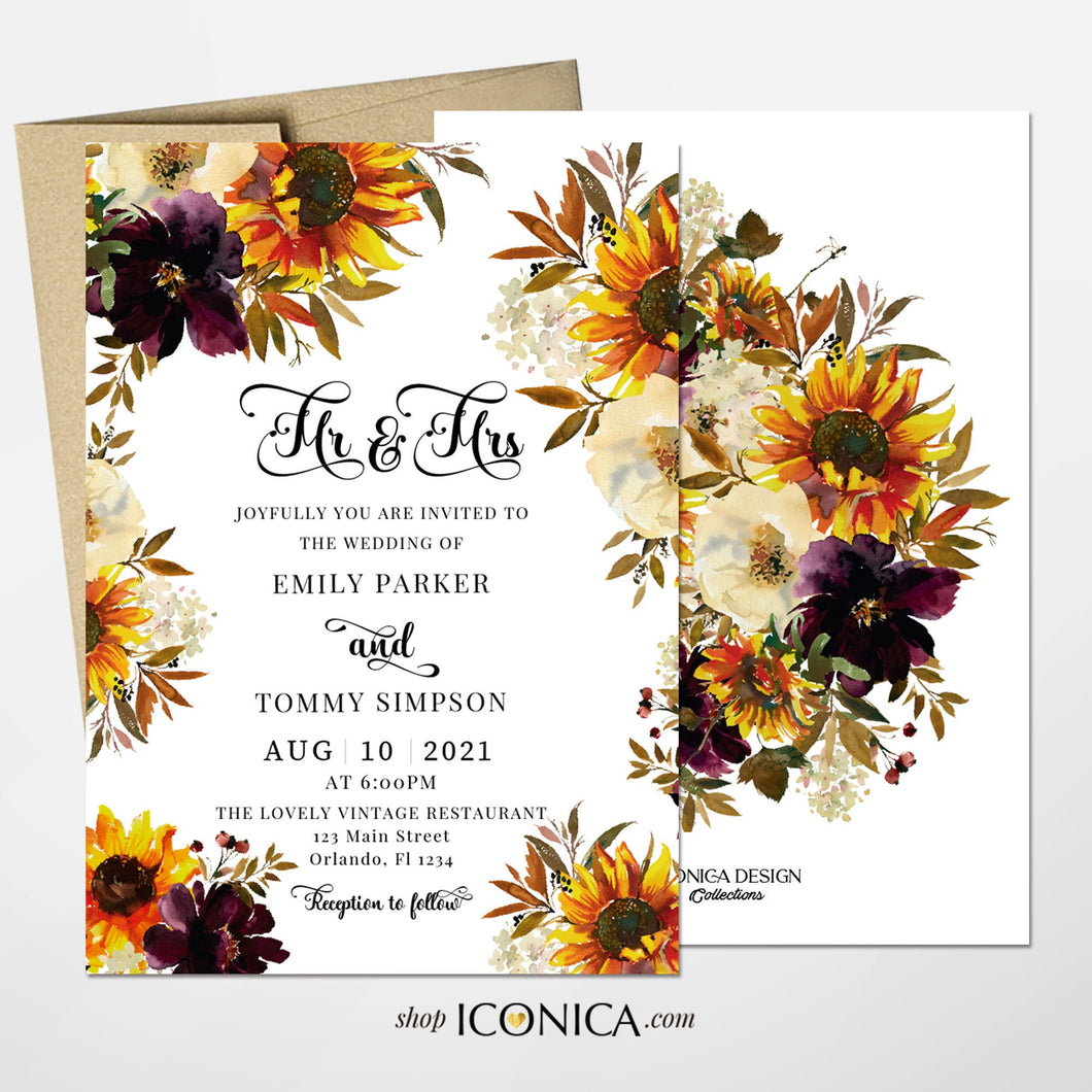 Sunflowers Wedding Invitation Fall Floral Invitation Sunflower and Red Burgundy Floral Invitations Printed Cards or Dakota Collection