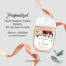 Load image into Gallery viewer, 30 Personalized Labels Printed, Hand Sanitizer Labels, Antibacterial Labels Boho Burgundy Red Flowers and Feathers Favors Stickers
