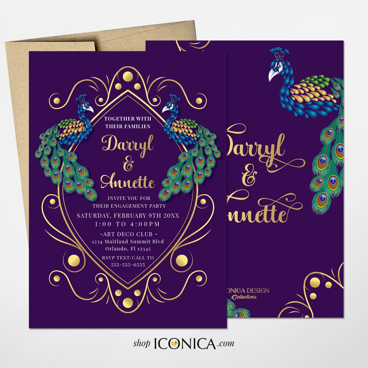 Save the Date Peacock Wedding Invitation Peacock Card Deep Purple Green Blue Design Printed Cards or Electronic Invite {Annette Collection}