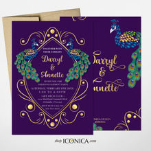Load image into Gallery viewer, Save the Date Peacock Wedding Invitation Peacock Card Deep Purple Green Blue Design Printed Cards or Electronic Invite {Annette Collection}
