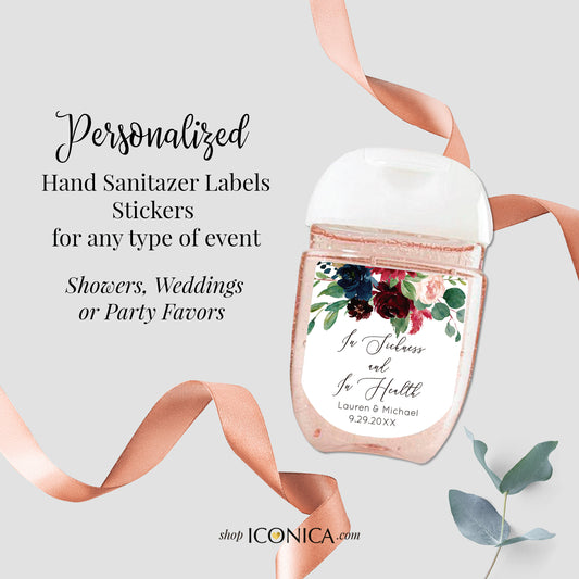 30 Personalized Labels Printed Floral Red Burgundy and Navy Hand Sanitizer Labels Custom Antibacterial Labels Stickers for Antibacterials
