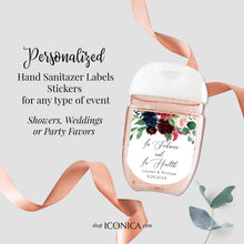 Load image into Gallery viewer, 30 Personalized Labels Printed Floral Red Burgundy and Navy Hand Sanitizer Labels Custom Antibacterial Labels Stickers for Antibacterials
