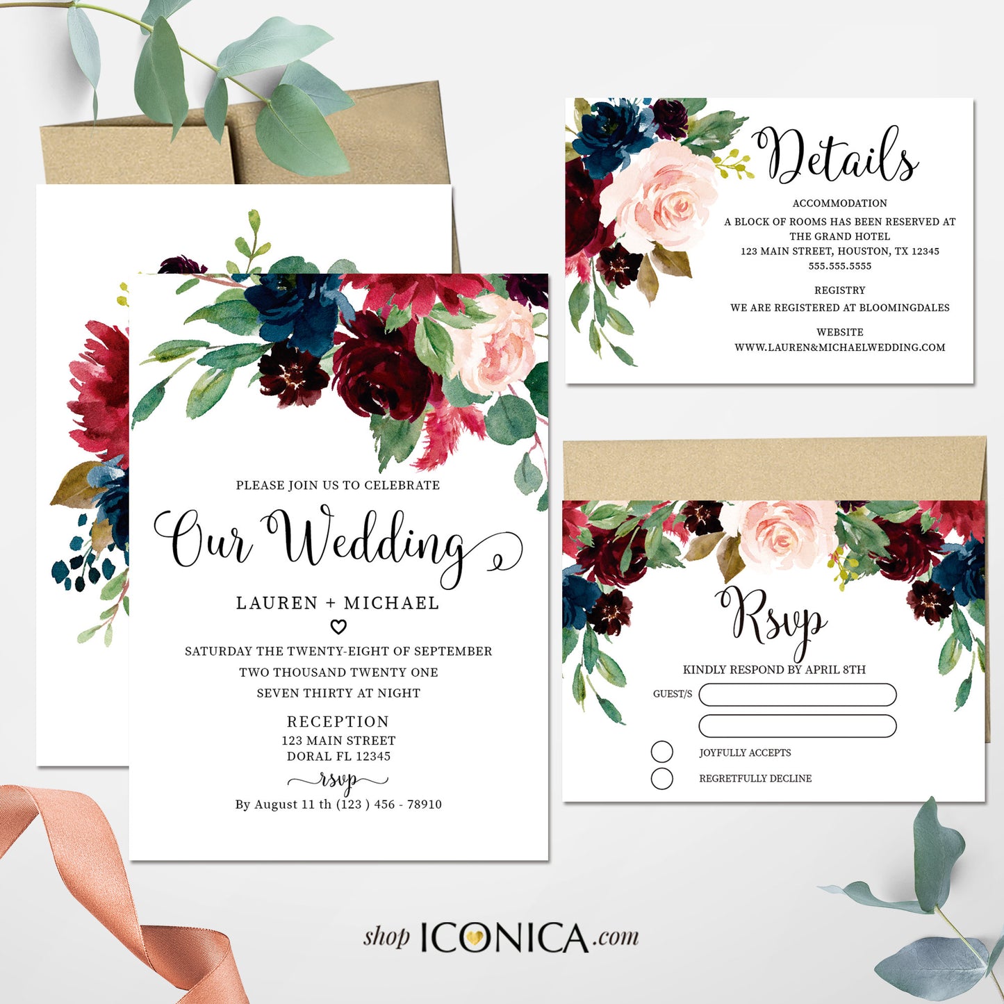 Wedding Invitation Floral Fall Red and Blue Invitation navy Burgundy Floral Invitation Printed Cards or Electronic Invite {AVA Collection}