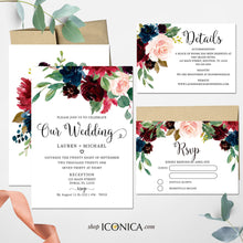 Load image into Gallery viewer, Wedding Invitation Floral Fall Red and Blue Invitation navy Burgundy Floral Invitation Printed Cards or Electronic Invite {AVA Collection}
