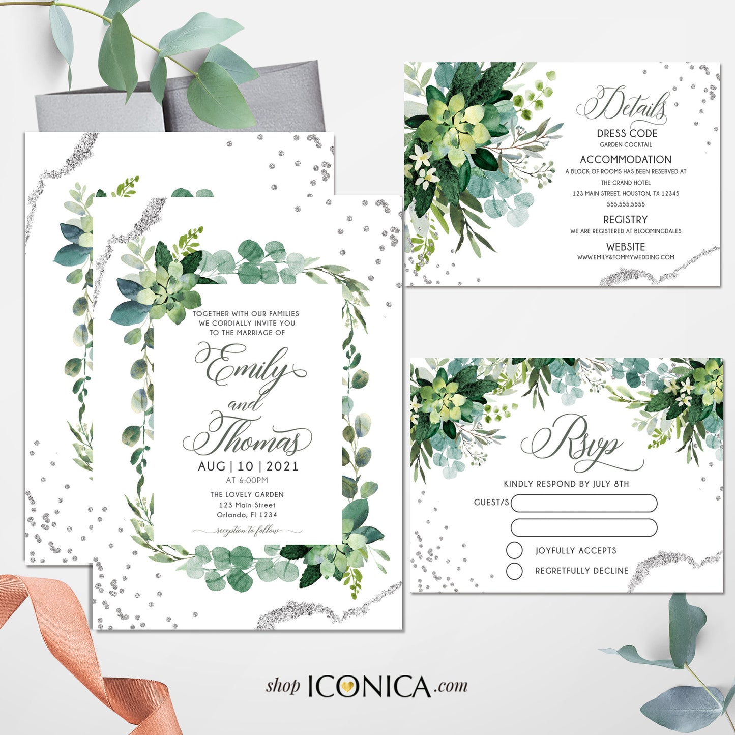 Greenery Wedding Invitation Elegant Wedding Invitation Green and Silver Wedding Invitation Printed Cards or Electronic Invite