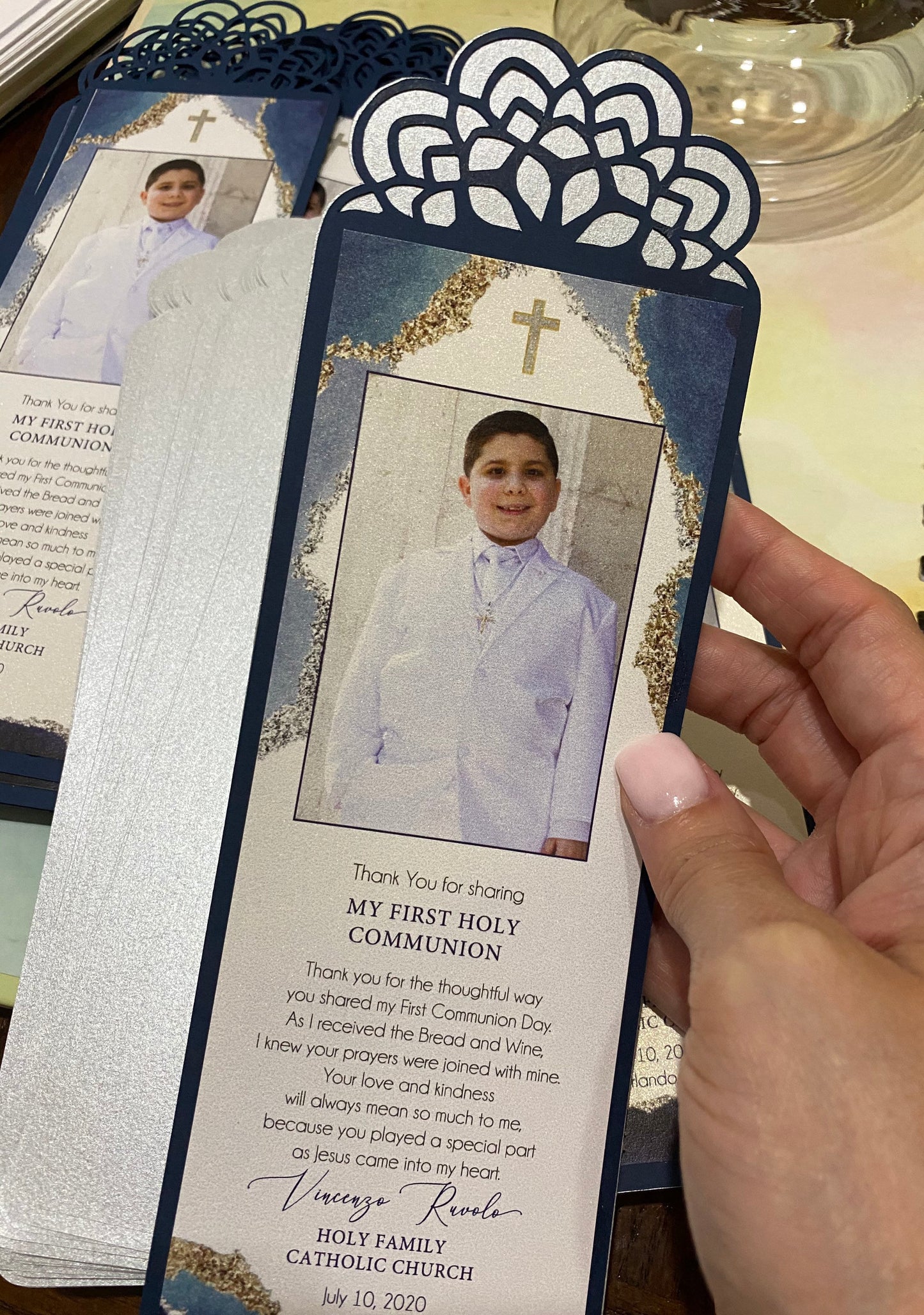 First Communion Cards Thank you Cards Any text-color or Type of event Handcrafted 3-layers Card Baptism Cards Bookmarks,Tarjetas de Recuerdo