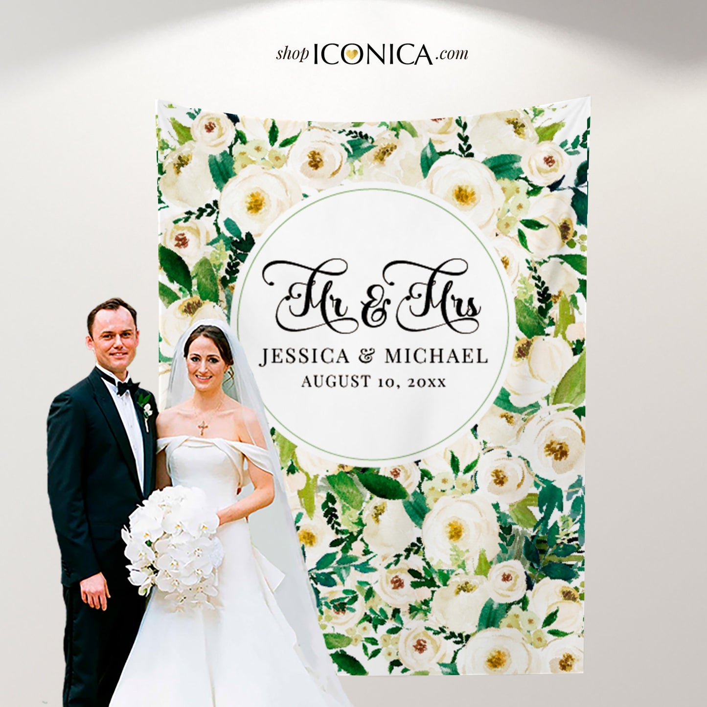 Greenery Wedding Backdrop for reception White Flowers Backdrop Personalized Bridal Shower Backdrop Floral Photo Booth {Caroline Collection}
