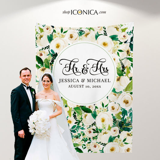 Greenery Wedding Backdrop for reception White Flowers Backdrop Personalized Bridal Shower Backdrop Floral Photo Booth {Caroline Collection}