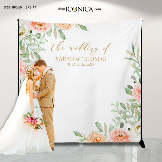 Wedding Backdrop for reception Pink Peach Flowers Backdrop Personalized Bridal Shower Backdrop Floral Photo Booth {Sarah Collection}