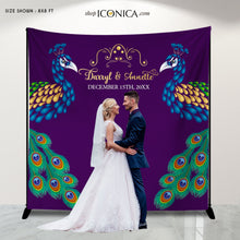 Load image into Gallery viewer, Wedding Backdrop for reception Peacock Backdrop Bridal shower Banner Personalized Photo Booth backdrop {Annette Collection}
