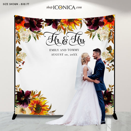 Wedding Backdrop for reception Sunflowers & Burgundy Flowers Watercolor Personalized Engagement banner Photo backdrop {Amelie Collection}