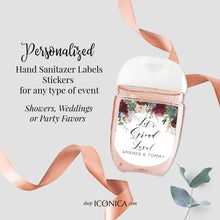 Load image into Gallery viewer, 30 Personalized Labels Printed, Hand Sanitizer Labels, Antibacterial Labels Dusty Blue and Burgundy Red Flowers Favors Stickers
