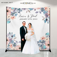 Load image into Gallery viewer, Wedding Backdrop for reception Blush and Dusty Blue Romantic Watercolor Floral Banner Personalized Photo backdrop {Lindsay Collection}
