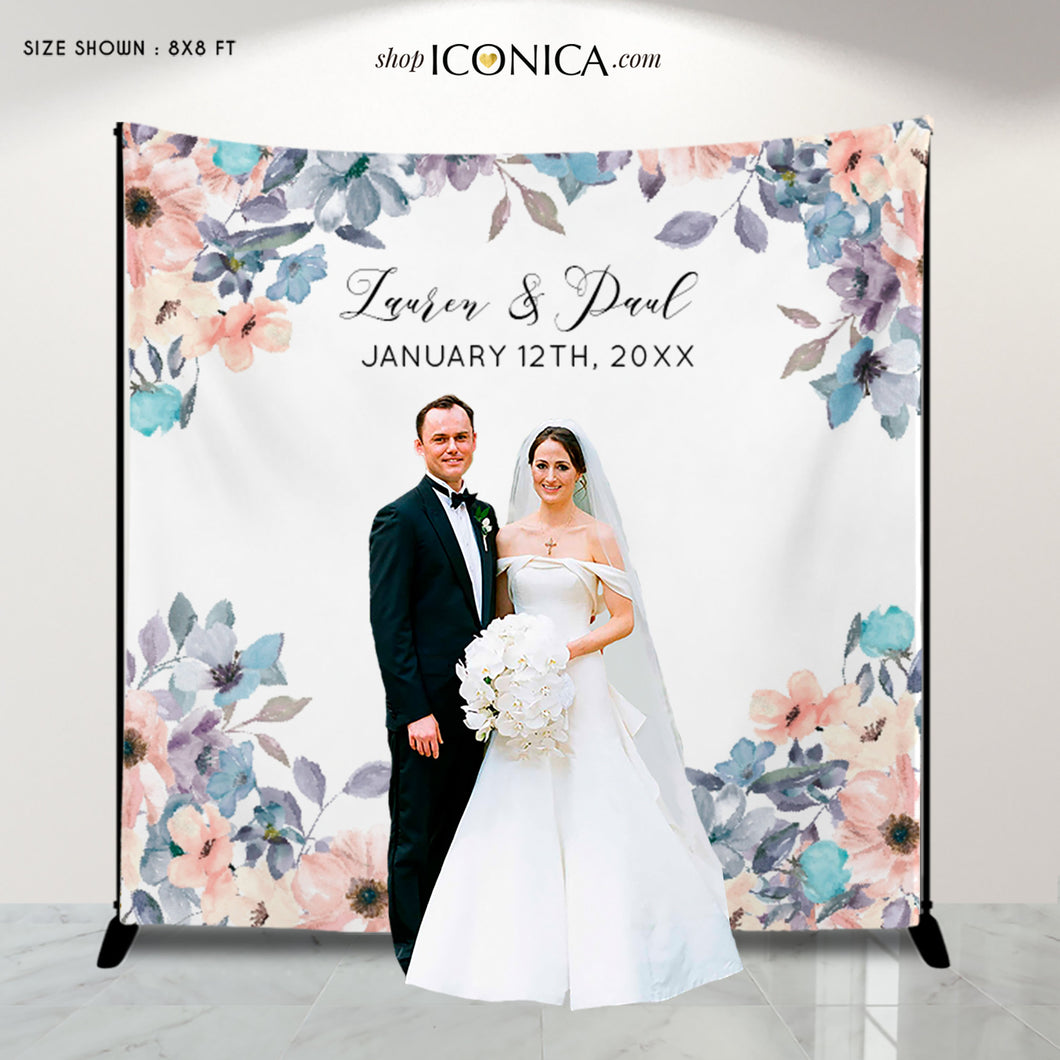 Wedding Backdrop for reception Blush and Dusty Blue Romantic Watercolor Floral Banner Personalized Photo backdrop {Lindsay Collection}