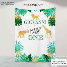 Load image into Gallery viewer, Safari Backdrop Personalized Safari Banner Drive By Baby Shower Banner Party Animals Backdrop Jungle Backdrop Watercolor Animals Banner
