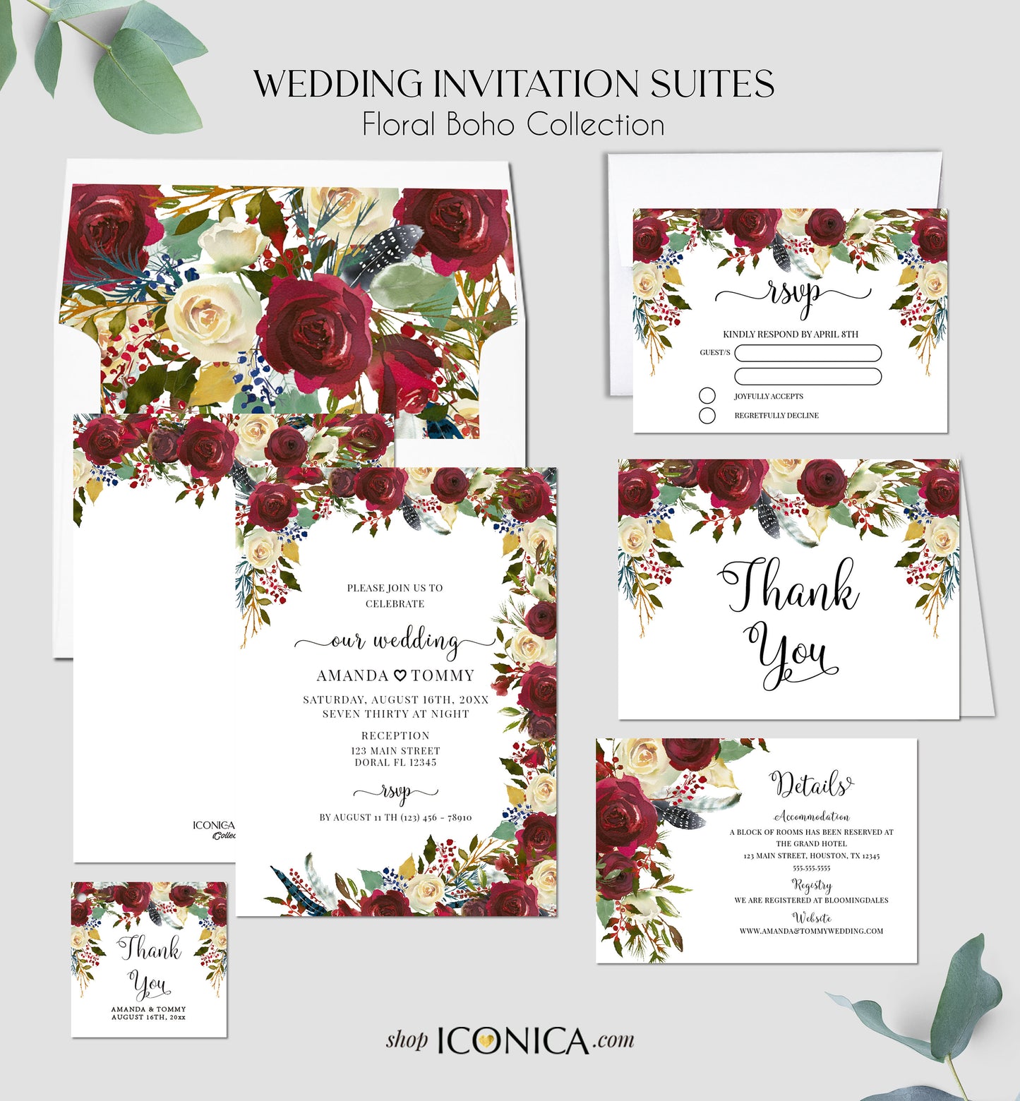Boho Chic Bridal Shower Invitation Burgundy Red Floral and Navy Feathers Invitation Printed Cards or Electronic Invite {Cherish Collection}