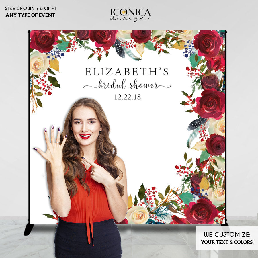 Boho Chic Bridal Shower Invitation Burgundy Red Floral and Navy Feathers Invitation Printed Cards or Electronic Invite {Cherish Collection}