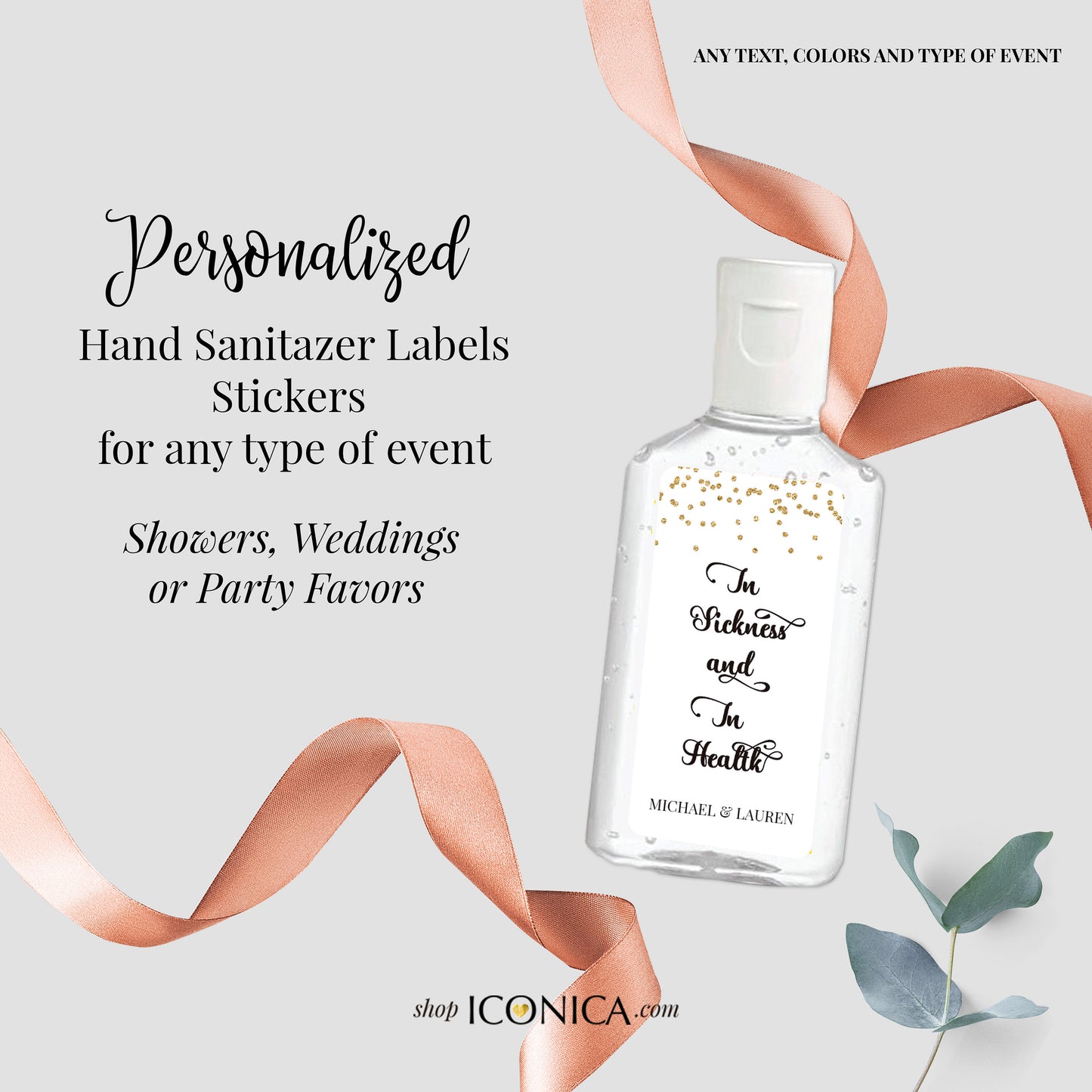 40 Personalized Labels Printed 1" w x 2"h Hand Sanitizer Labels Fits Purell 1oz In sickness and In Health labels Custom Antibacterial Labels