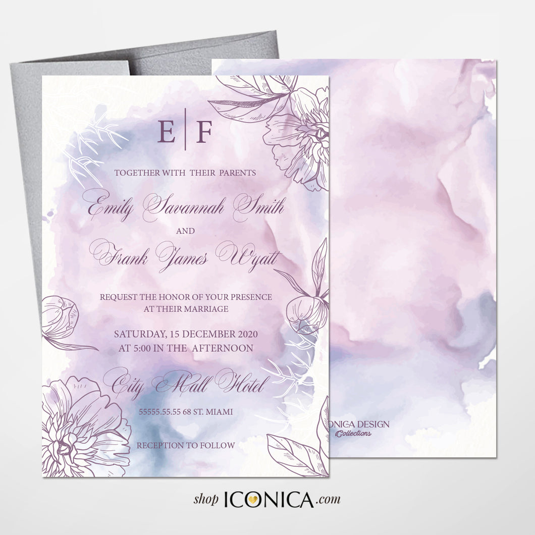 Lilac Wedding Invitation Purple Watercolor Floral Invitation Lilac Shower Invitations Printed Cards or Electronic Invite-Adoria Collection