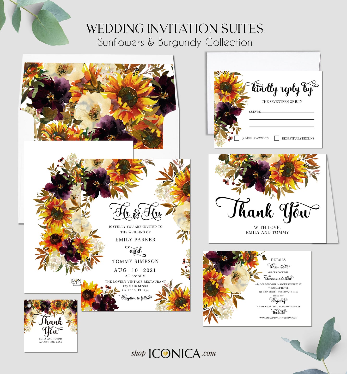 Sunflowers Wedding Invitation Fall Floral Invitation Sunflower and Red Burgundy Floral Invitations Printed Cards or Dakota Collection