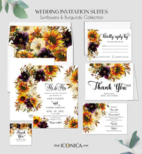 Load image into Gallery viewer, Sunflowers Wedding Invitation Fall Floral Invitation Sunflower and Red Burgundy Floral Invitations Printed Cards or Dakota Collection
