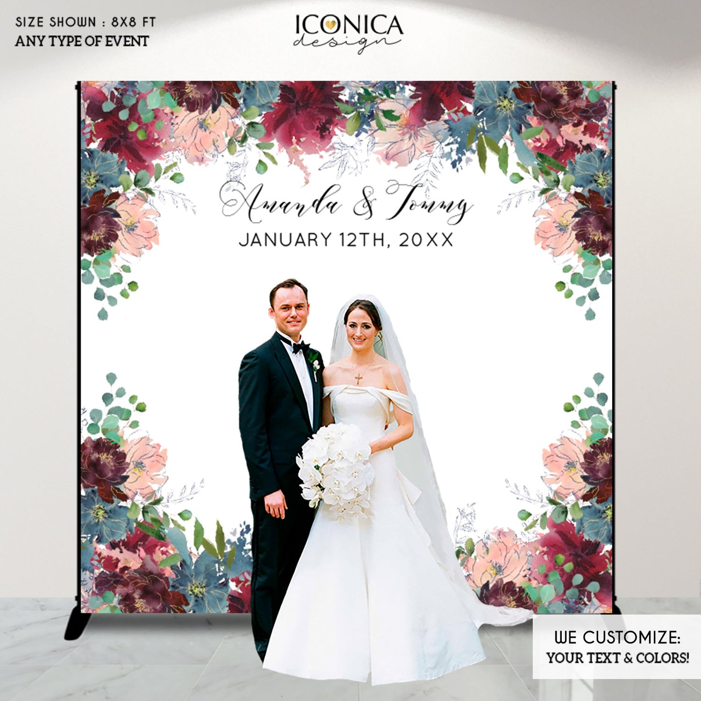 Wedding Backdrop for reception Blush Burgundy Dusty Blue Floral Design Bridal shower Banner Personalized Photo backdrop {Wish Collection}