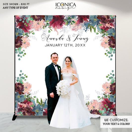 Wedding Backdrop for reception Blush Burgundy Dusty Blue Floral Design Bridal shower Banner Personalized Photo backdrop {Wish Collection}