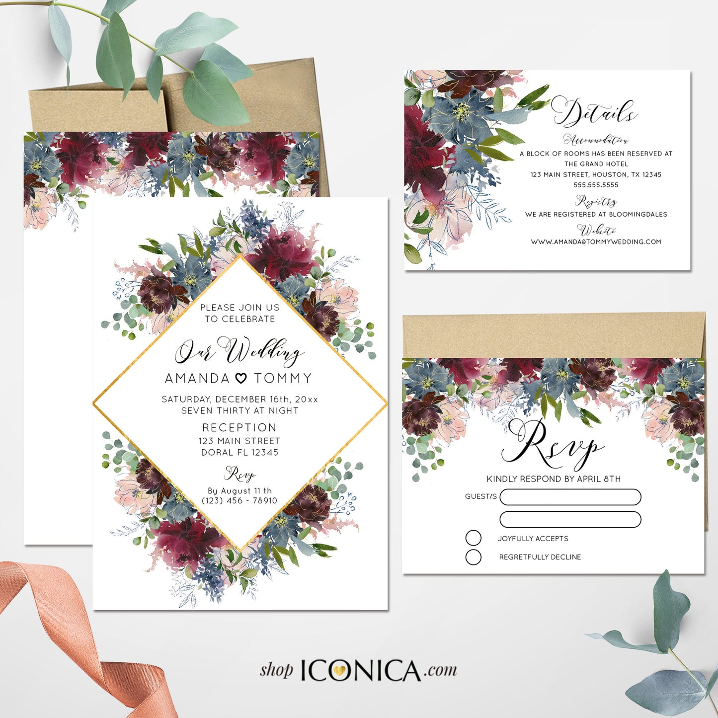 Wedding Invitation Fall Floral Invitation Blush Burgundy and Dusty Blue Floral Design Printed Cards or Electronic Invite {Wish Collection}
