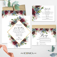 Load image into Gallery viewer, Wedding Invitation Fall Floral Invitation Blush Burgundy and Dusty Blue Floral Design Printed Cards or Electronic Invite {Wish Collection}
